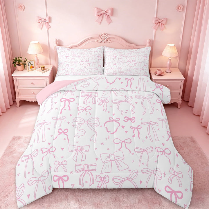 Manfei Pink Bowknot Bedding Comforter Set,Cartoon Heart Print Twin Comforter Sets,Ribbon Bowtie Bow Bedding Set For Girls,Microfiber Bedroom Decor Reversible,2pcs
