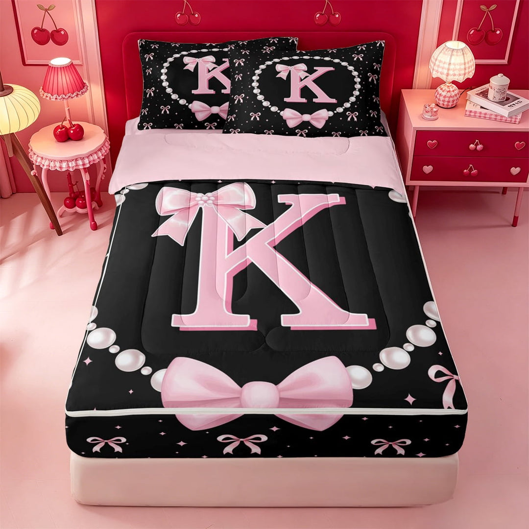 meiyoeat Cute Coquette Bow Zipper Twin Comforter Sets with Fitted Sheet and 2 Pillowcases For Kids,Pink Ribbon Bowtie Initial Letter K Zipper Bedding Set,Pink Reversible,4-Piece