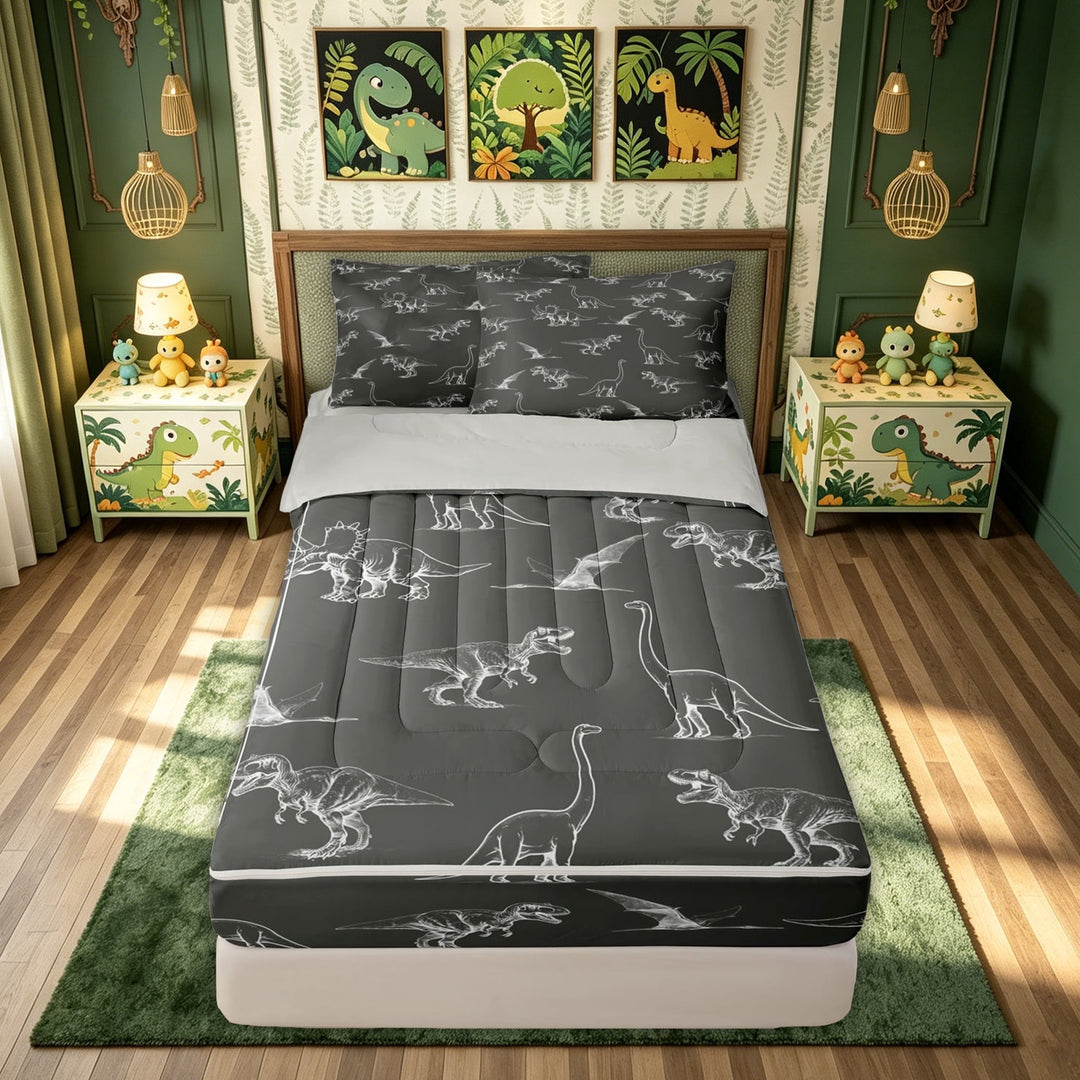 meiyoeat Dark Gray Hand Drawn Dinosaur Zipper Full Size Comforter Sets with Fitted Sheet and 2 Pillowcases, Chalk Style Wildlife Zipper Bedding Set, Grey Reversible, 4pcs