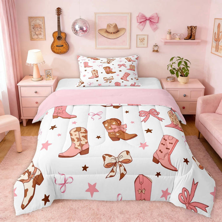 Erosebridal White Pink Cowgirl Boots Bow Star Print Twin Comforter Sets, Western Style Bedding Set for Girls, Pink Reversible 2 Pieces, 1 Comforter and 1 Pillowcase