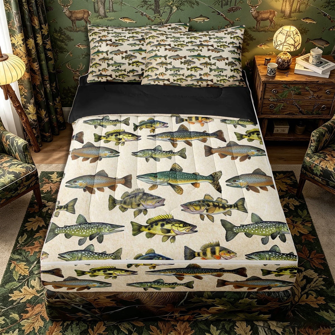 Meiyoeat Retro Rustic Fish Print Zipper Twin Comforter Sets with Fitted Sheet and 2 Pillowcases, Fishing Theme Wildlife Pattern Zipper Bedding Set,4-Piece,Black Reversible
