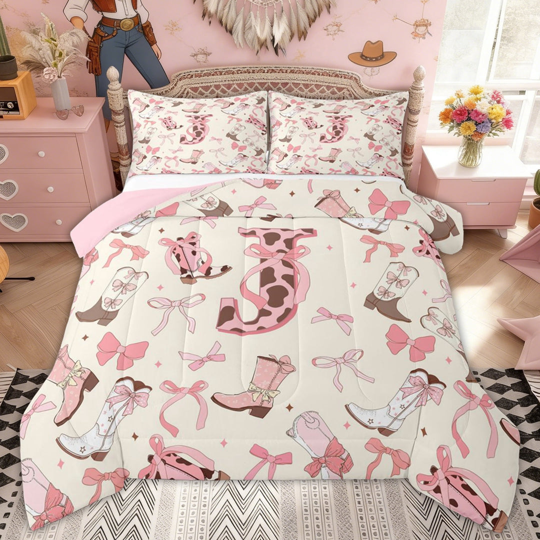 Erosebridal Western Princess Bow Boot Full Size Comforter Sets, Cartoon Letter J Bedding Sets for Girls Kids, Pink Reversible, 3 Pieces