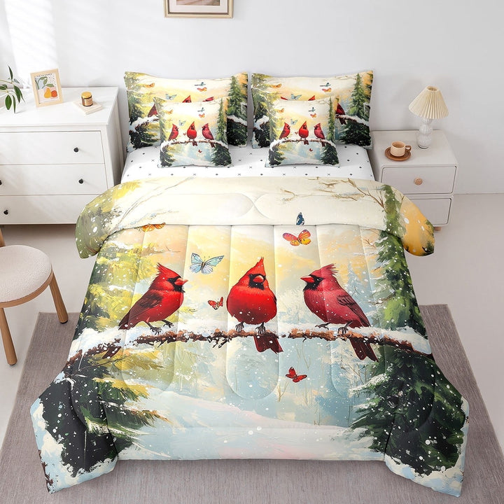 7 Piece Red Cardinal Full Comforter Set with Sheets,Winter Snow Bird Bedding Set Christmas Decorations for Home,Xmas Tree Butterfly Bed Set with Fitted Sheet,Flat Sheet