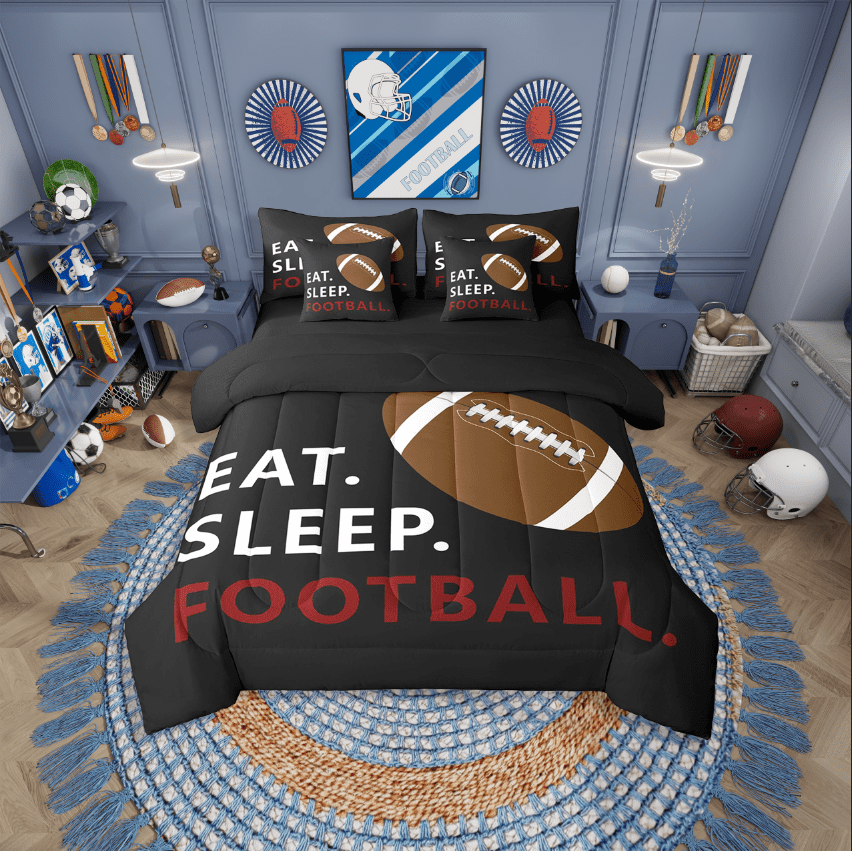 Erosebridal 7-Piece Rugby Print Bed In A Bag Full Size,Ball Gamer Bed Set For Kids Boys,Football Bedroom Decor,Black Reversible Breathable