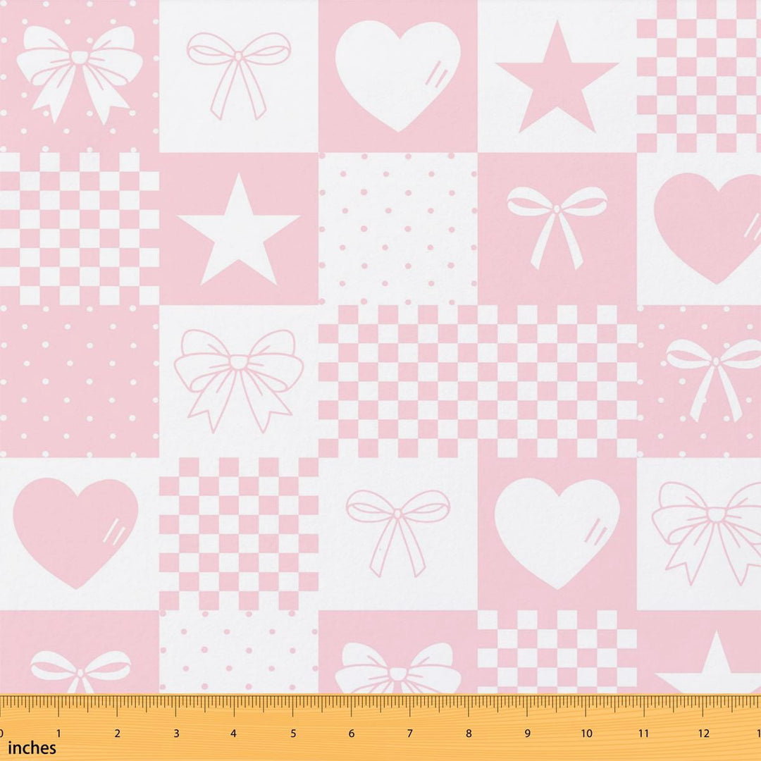 Manfei Kawaii Hearts Bow Tie Fabric by the Yard 1 Yard, Cartoon Patchwork Home Decor Fabric by the Yard, Light Pink White