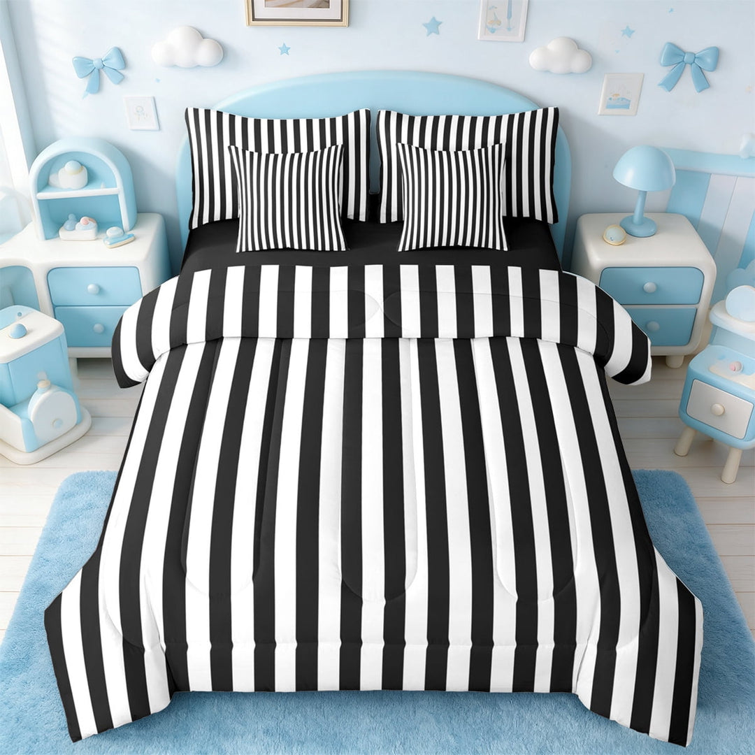 jejeloiu Geometric Stripes Lines Bedding Comforter Set 7pcs,Abstract Geometric Aesthetic Queen Bedding Sets,White Black Queen Sheet Sets For Children,Microfiber Bedroom Decor Reversible