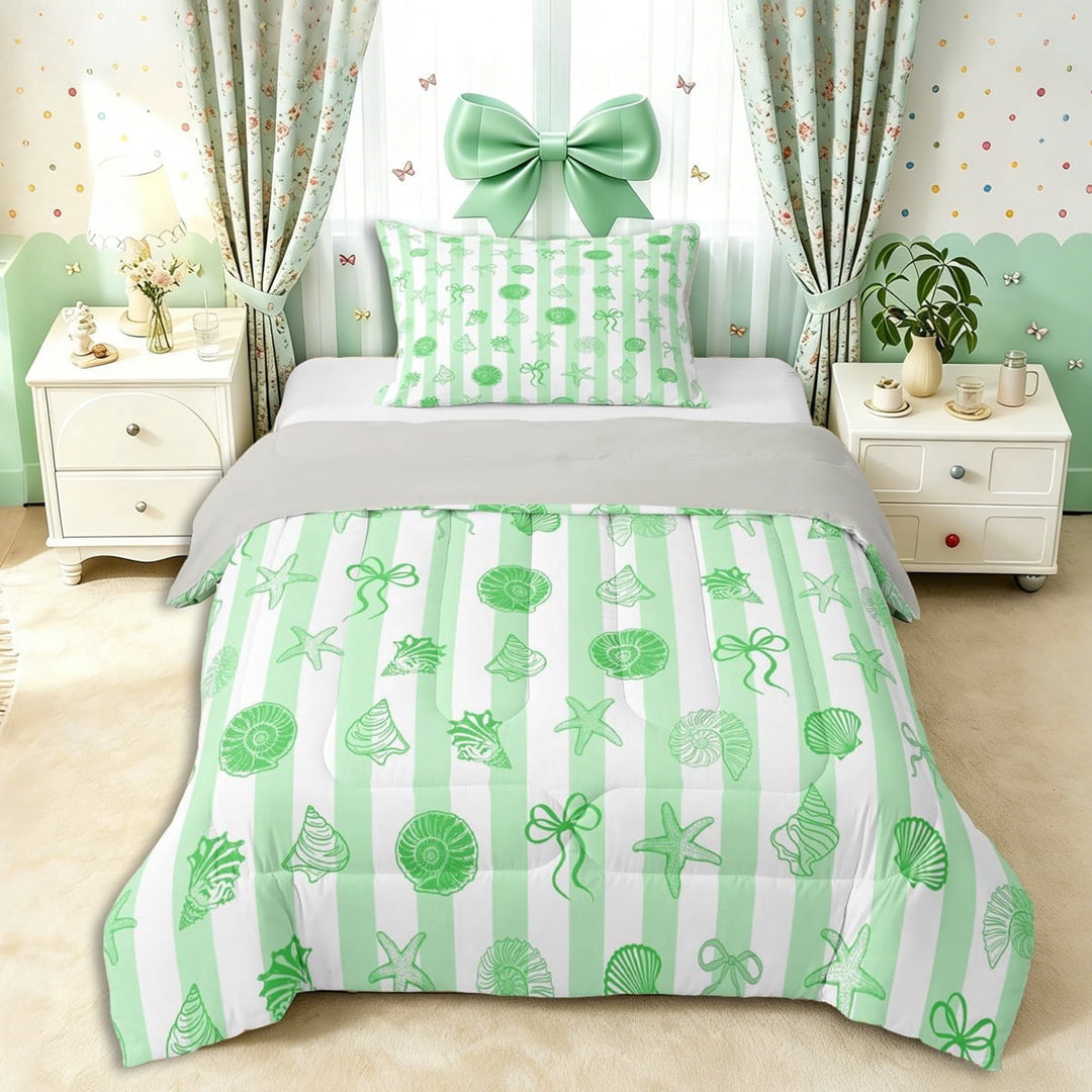 Erosebridal Teens Princess Ribbon Bowtie Twin Comforter Sets 3-Piece,Girls Green Sea Starfish Seashell Bedding Set,Grey Reversible,Lightweight Room Decor