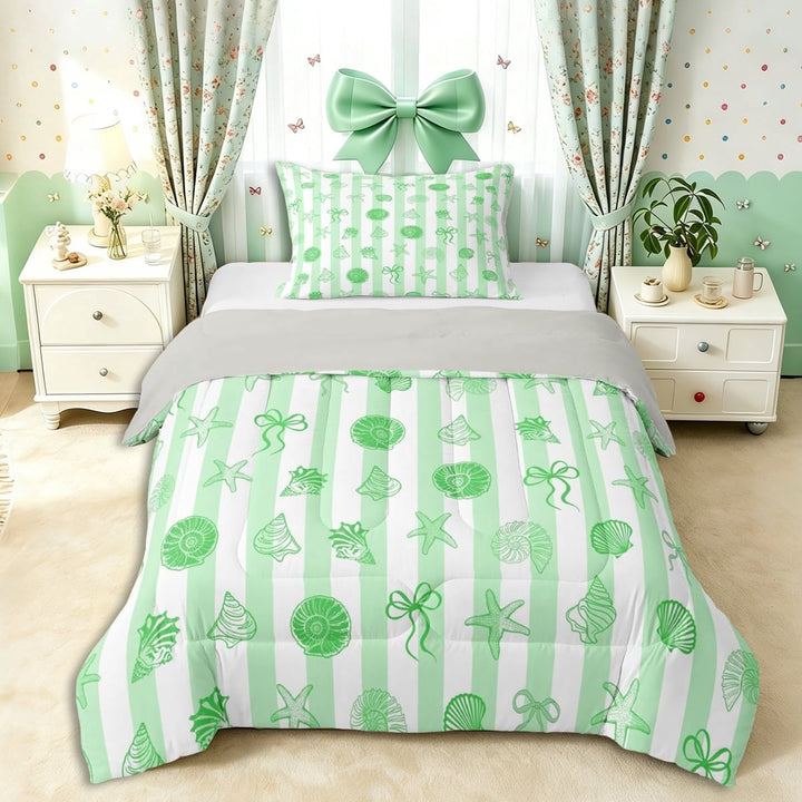Erosebridal Teens Princess Ribbon Bowtie Twin Comforter Sets 3-Piece,Girls Green Sea Starfish Seashell Bedding Set,Grey Reversible,Lightweight Room Decor