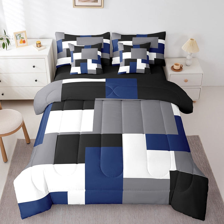 Erosebridal Blue Rectangle Bedding Sets Twin Size,Geometric Sqare Comforter Sets with Sheets,Abstract Artwork Bed in a Bag Twin size,Super Cozy Plaid Bedroom Decorative,Reversible,7pcs