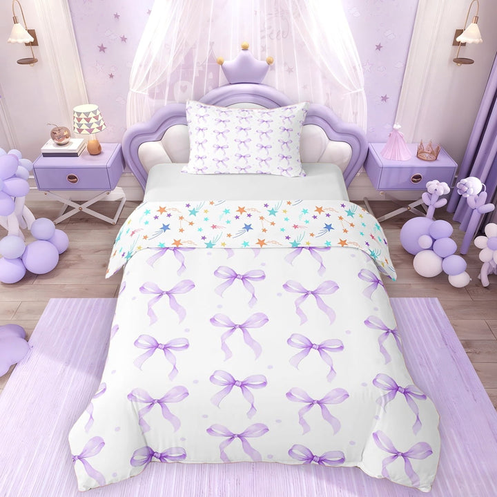 Erosebridal Girls Bowknot Twin Bedding, Purple Polka Dots Bow Duvet Cover Set, Colorful Stars Reversible, 1 Duvet Cover and 1 Pillowcase (No Comforter)