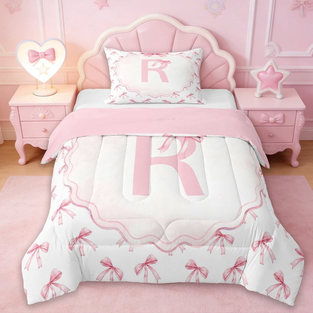Erosebridal Girly Ribbon Bowknot Twin Comforter Sets,Pink Letter R Monogrammed Bedding Set For Girls Kids,Reversible pink,2 Pieces