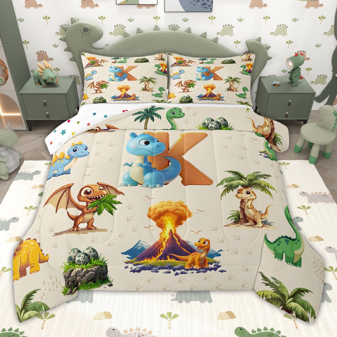 Erosebridal Cartoon Green Dinosaur Twin Comforter Sets for Kids, Cartoon K Letter Bedding Set, Polka Dots Reversible, 2pcs