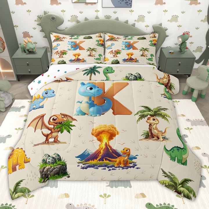 Erosebridal Cartoon Green Dinosaur Twin Comforter Sets for Kids, Cartoon K Letter Bedding Set, Polka Dots Reversible, 2pcs