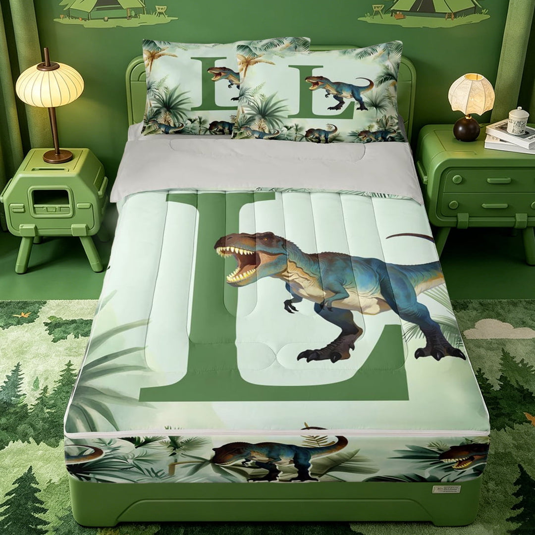 meiyoeat dinosaur Monogrammed L Zipper Twin Comforter Sets with Fitted Sheet and 2 Pillowcases,Hreen Tropical Botanical Zipper Bedding Set,Light Gray Reversible,4 Pieces