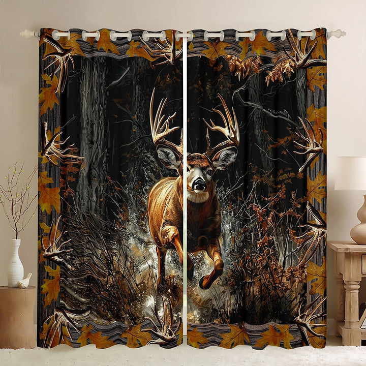 Tree Camouflage Deer 30%-50% Blackout Curtains - Camo Branches Rustic Deer Curtains - Deer Hunting Curtains &amp; Drapes Running Deer Hunting Cabin Lodge Window Curtains (38Wx45L)