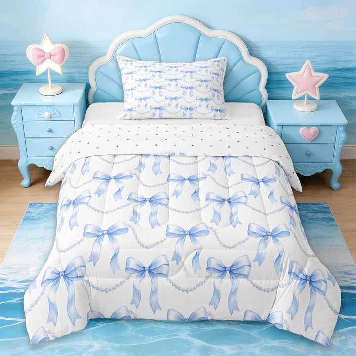 Erosebridal Cute Pink Bowknot Kids Twin Comforter Sets,Blue Dreamy Princess Style Bedding Set For Girls,Reversible,2 Pieces