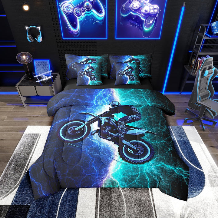 Erosebridal Red Dirt Bike Bedding Full Size 7pcs, Lightning Print Comforter Sets with Sheets, Reversible