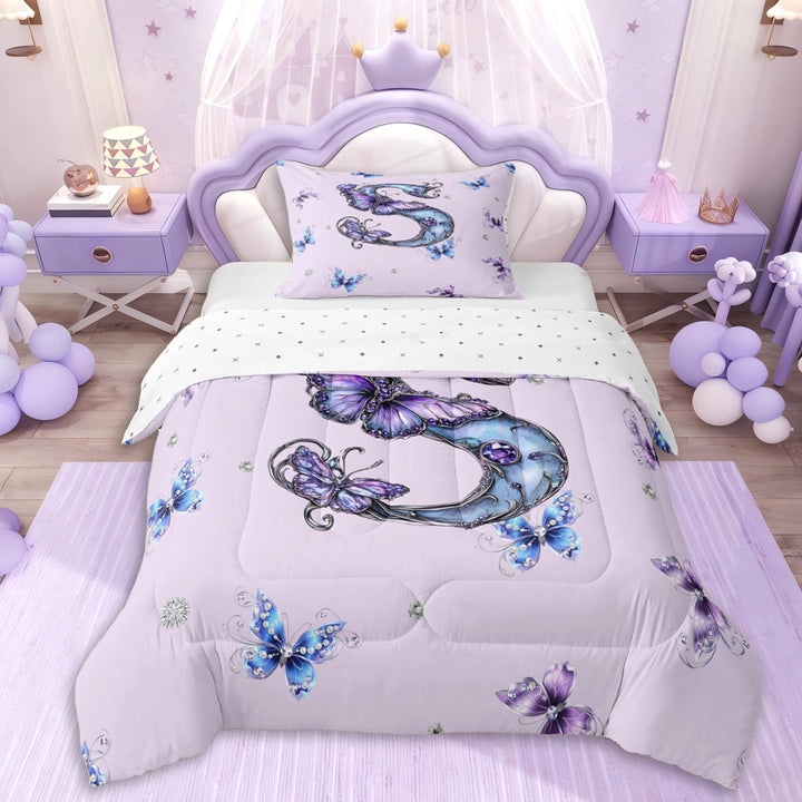Erosebridal Personalized Initial S Twin Comforter Sets 3-Piece For Girls,Purple Blue Butterflies Bedding Set For Kids Teens,Microfiber Bedroom Decor