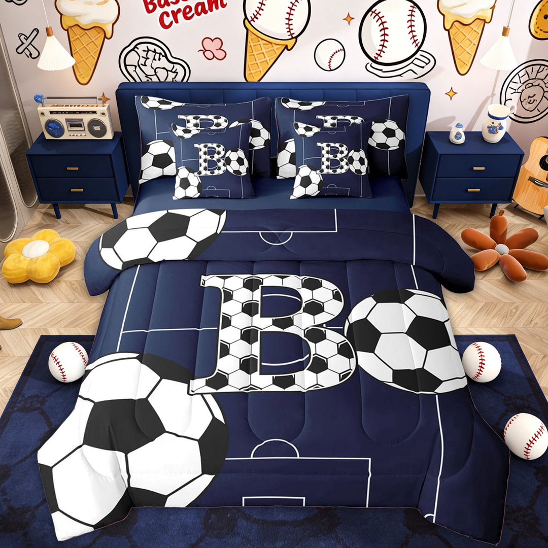 Erosebridal B Letter Twin Bedding Sets for Kids, Football Sport Bedding Comforter Set, Blue Reversible, 7pcs
