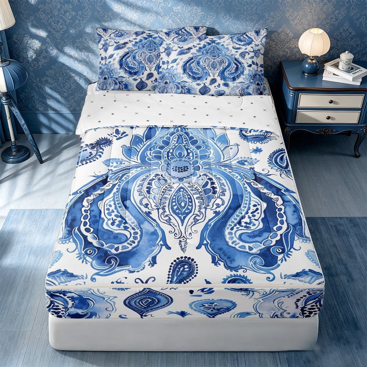 meiyoeat Nautical Paisley Zipper Queen Comforter Set with Fitted Sheet and 2 Pillowcases,Watercolor Pattern Zipper Bedding Set For Adults,Blue White,Reversible,4pcs
