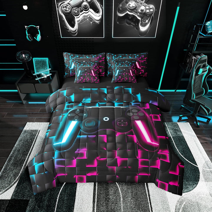 Gaming Twin Bedding Sets 7 Pieces, Black Reversible, Neon Blue and Pink Bed in a Bag