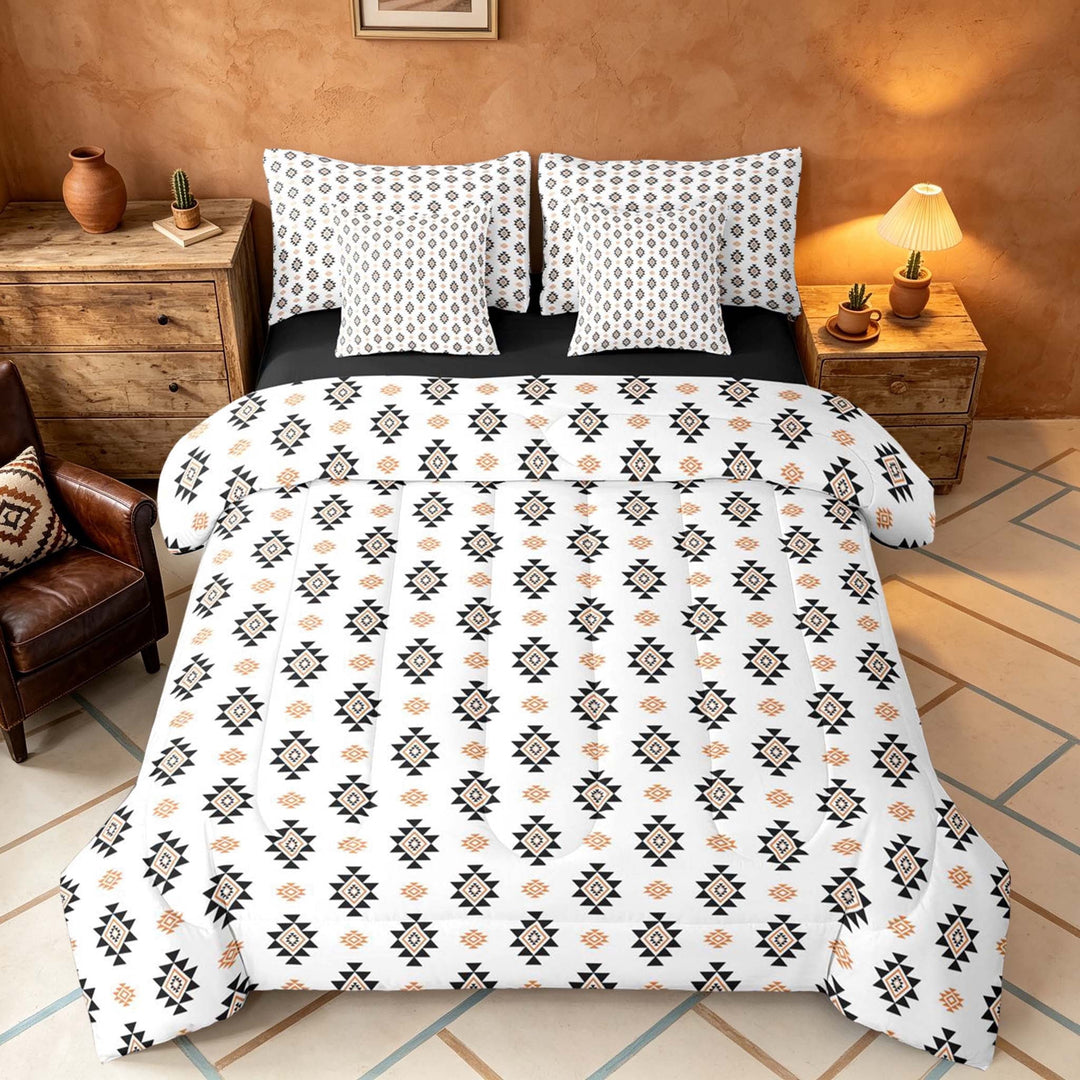 Manfei Aztec Geometric Queen Bedding, Bohemian Southwestern Bedding Comforter Set Queen, White, Black Reversible 7 Pieces