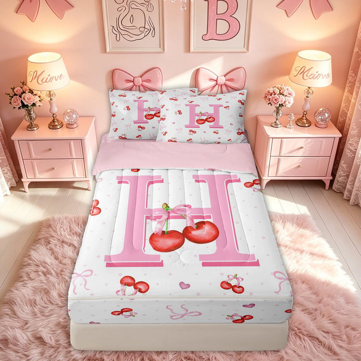 meiyoeat Cute Cherry Letter H Zipper Full Size Comforter Sets with Fitted Sheet and 2 Pillowcases for Kids, Bowknot Fruit Zipper Bedding Set for Kids, Pink, Pink Reversible, 4pcs