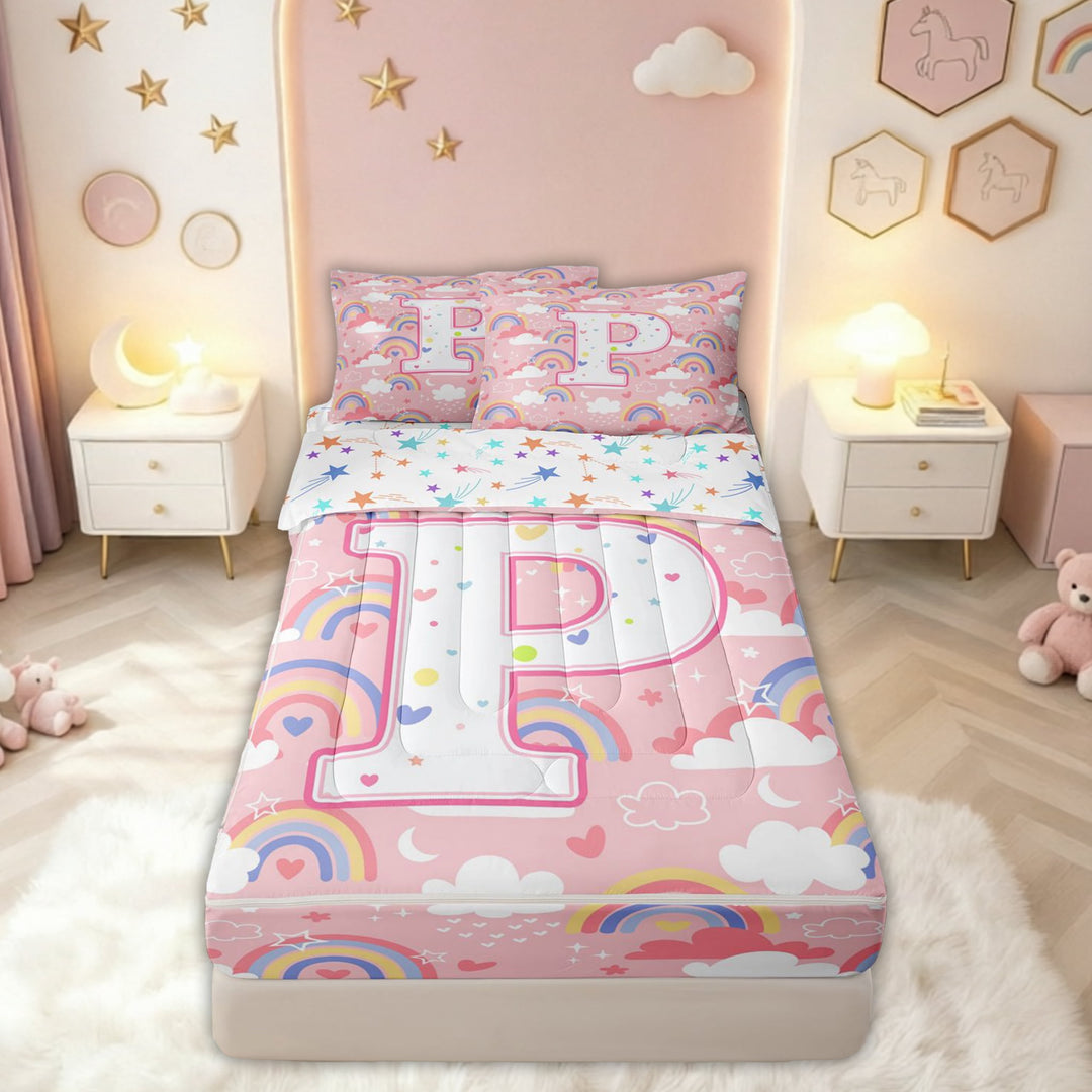 meiyoeat Rainbow Letter P Zipper Comforter Set with Fitted Sheet and 2 Pillowcases for Girls Kids, Cartoon Cloud Zipper Bedding Set for Bedroom, Pink, Colorful Star Reversible, 3pcs