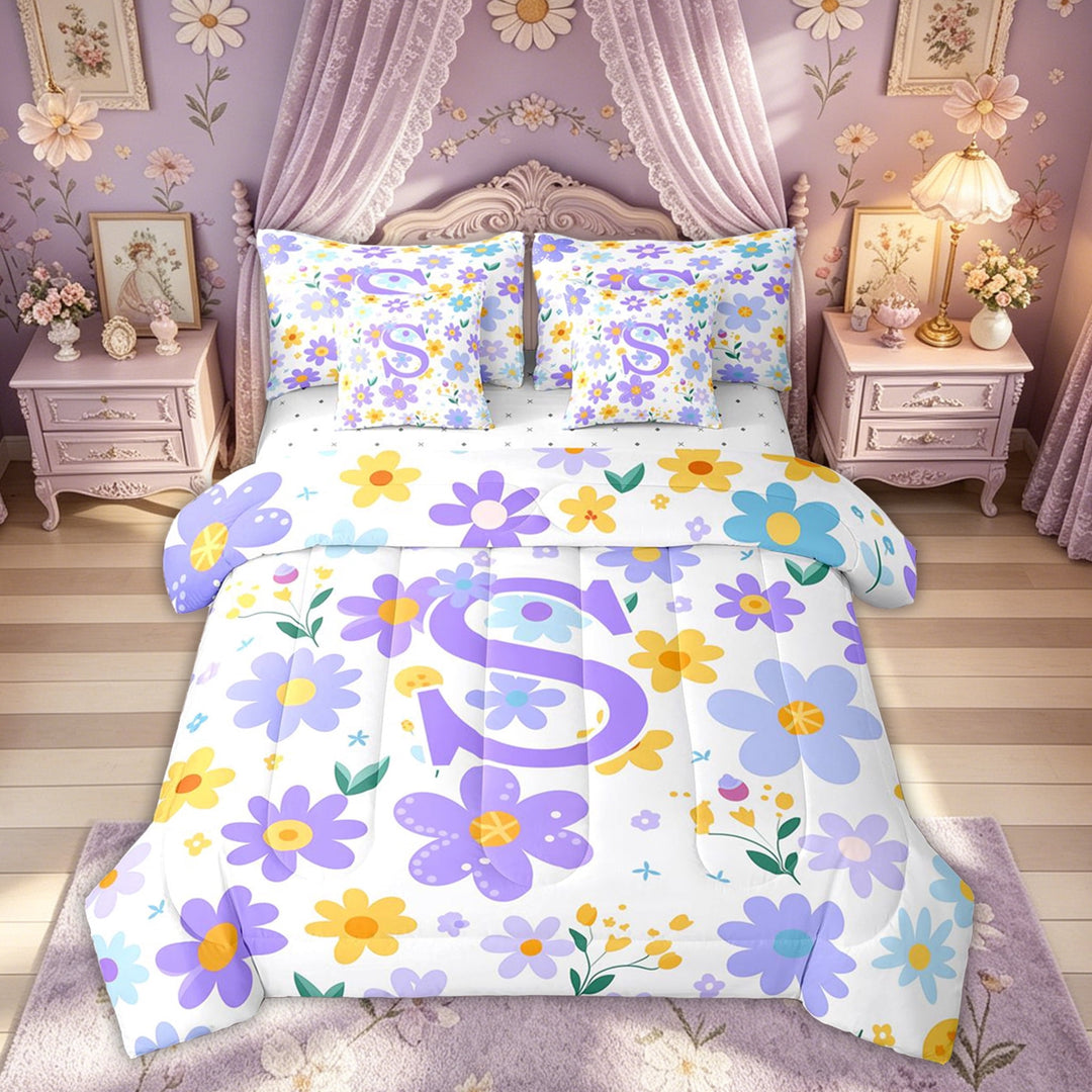 Meiyoeat Kawaii Summer Daisy Bedding Comforter Set for Women Kids, Cartoon Monogrammed S Full Bedding Set, Purple Yellow, Reversible, 7-Piece