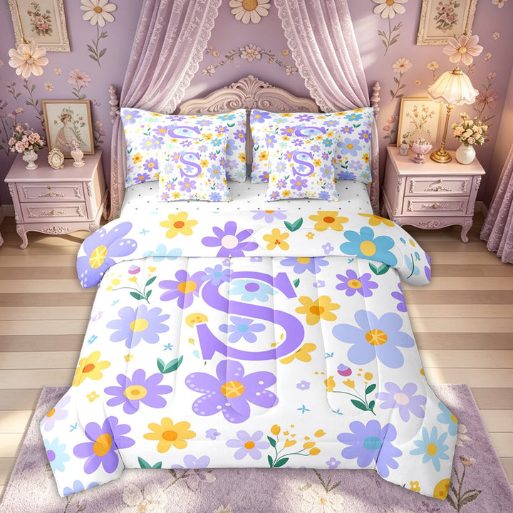 Meiyoeat Kawaii Summer Daisy Bedding Comforter Set for Women Kids, Cartoon Monogrammed S Full Bedding Set, Purple Yellow, Reversible, 7-Piece