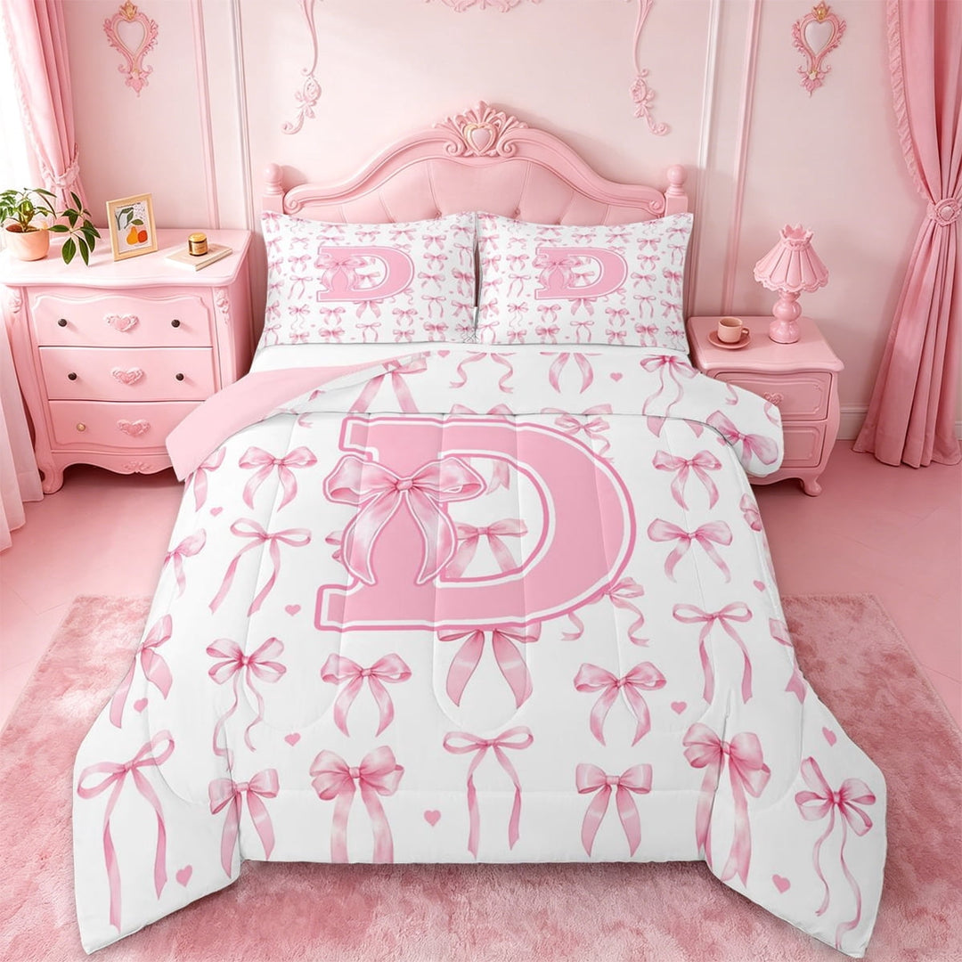 Manfei Pink Bow Full Size Comforter Sets For Girls,Letter D Personalized Initial Bedding Sets For Kids,Pink Reversible,3pcs