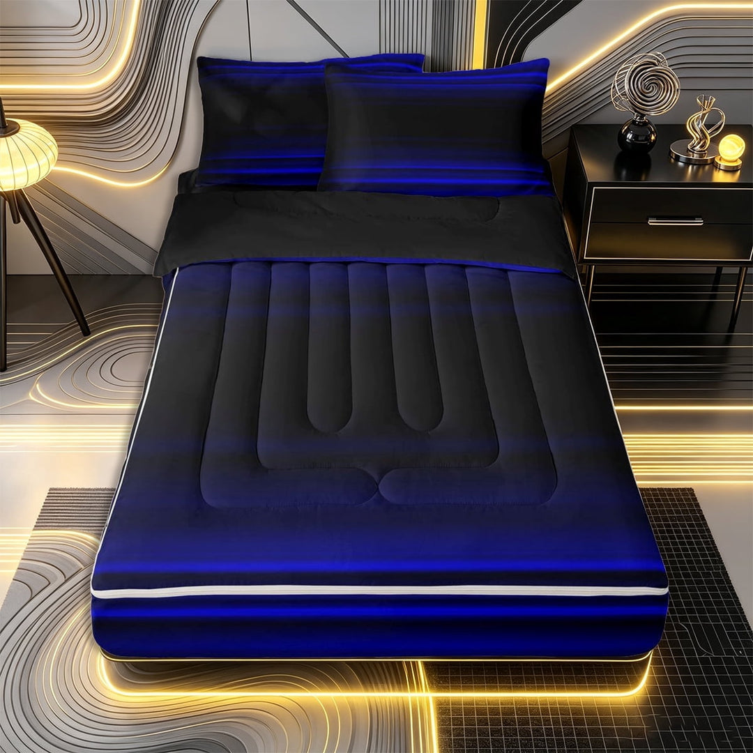 Erosebridal Minimalist Glow Zipper Full Size Comforter Sets with Fitted Sheet and 2 Pillowcases,Smooth Stripe Zipper Bedding Set,Royal Blue Black,Black Reversible