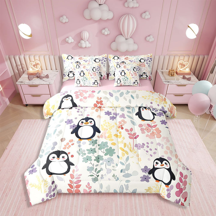 7Pcs Flower Penguin Full Comforter Set with Sheets,Cute Colorful Floral Bedding Set,Kawaii Animal Print Bed in a Bag with Fitted Sheet,Flat Sheet,Pillowcases