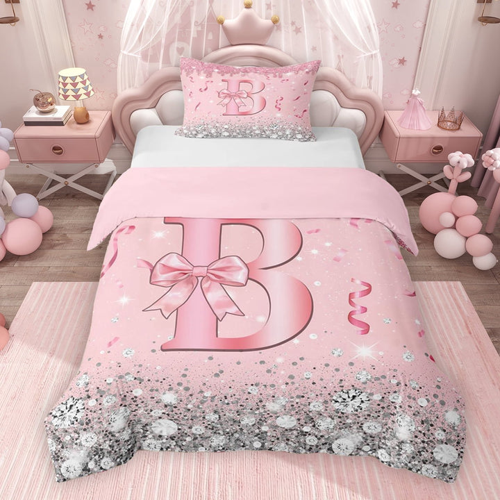 Erosebridal Dreamy Glitters Print Twin Bedding for Girls, Pink Bling B Letter Duvet Cover Set, Pink Reversible 2 Pieces, 1 Duvet Cover and 1 Pillowcase (No Comforter)