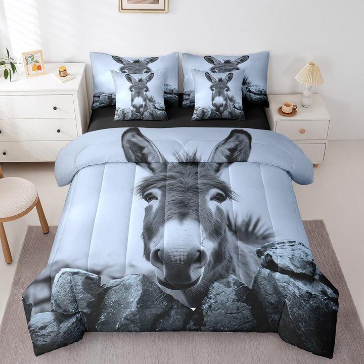 YST Funny Donkey Comforter Set King Size 7 Piece Farm Animal Bed In A Bag For Kids Adults,Grey Retro Donkey Bedding Set Donkey Bed Sheets Set With Comforter