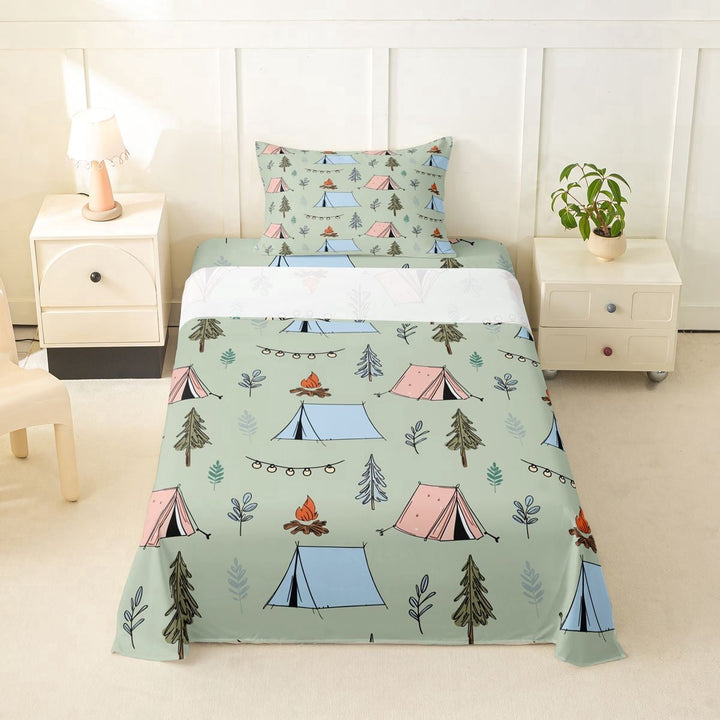Erosebridal Happy Camping Tent Twin Sheet Sets 3pcs For Kids Teens,Boys Girls Adventure Theme Tent Bedding