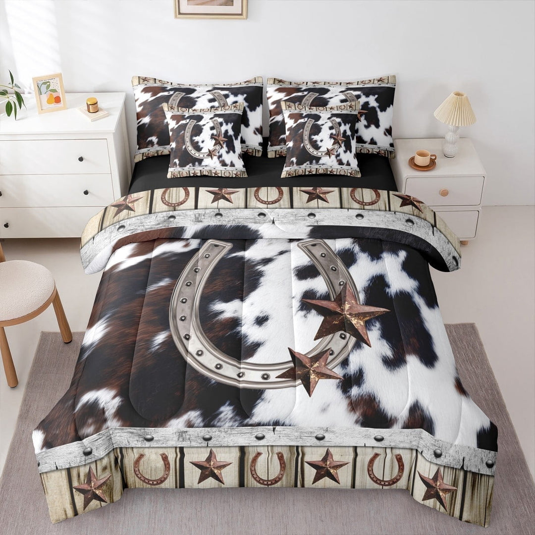 jejeloiu Farm Animal Cattle Bedding Comforter Set 7-Piece,Horseshoe Cow Hide King Bedding Sets,Rustic Farmhouse Cabin Bed Sheets For Boys Kids,Ultra Soft Home Decor Reversible