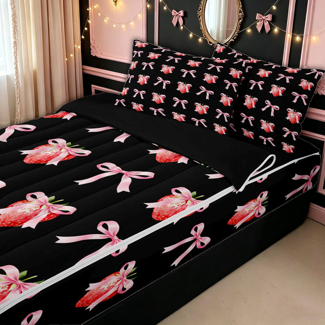 meiyoeat Bowknot Strawberry Zipper Full Size Comforter Sets with Fitted Sheet and 2 Pillowcases for Kids Girls, Watercolor Bow Zipper Bedding Set for Bedroom, Black Pink, Black ReversibleG