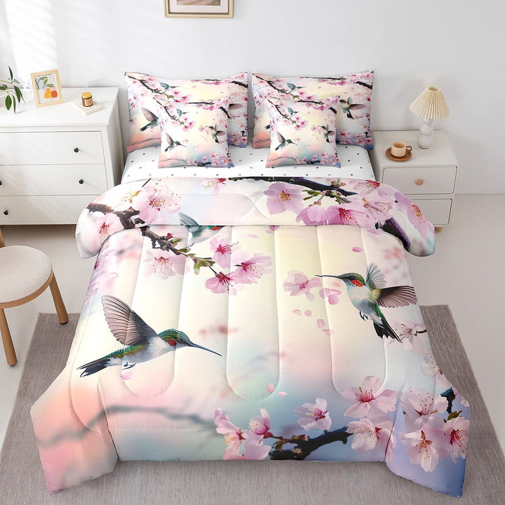 Floral Hummingbird Queen Comforter Set 7 Piece Tropical Hummingbird Bedding Set With Sheets,Japanese Cherry Blossom Bed In A Bag Women,Cute Animal Pink Flower Bed Set