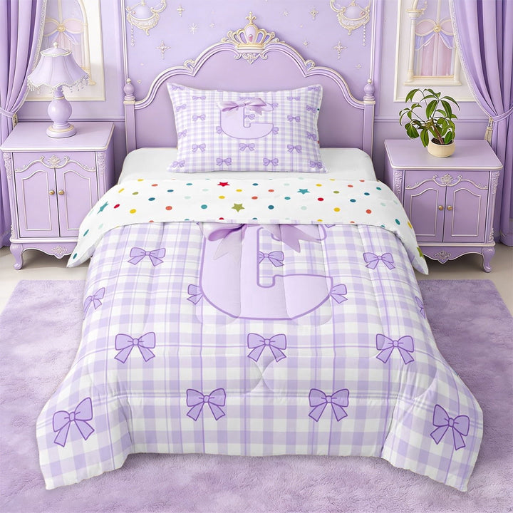 Erosebridal Purple Buffalo Plaid Twin Comforter Sets For Kids,Cute Bow Letter C Monogrammed Bedding Set For Bowknot Lover,Reversible,2pcs