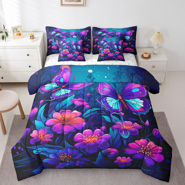 Wild Butterfly Queen Comforter Set 7 Pieces for Girls Women Gradient Floral Bedding Comforter Sets, Cute Animal Bed in a Bag Chic Pink Flower Bedding Set, Mystic Jungle Night Bed Sheets Set
