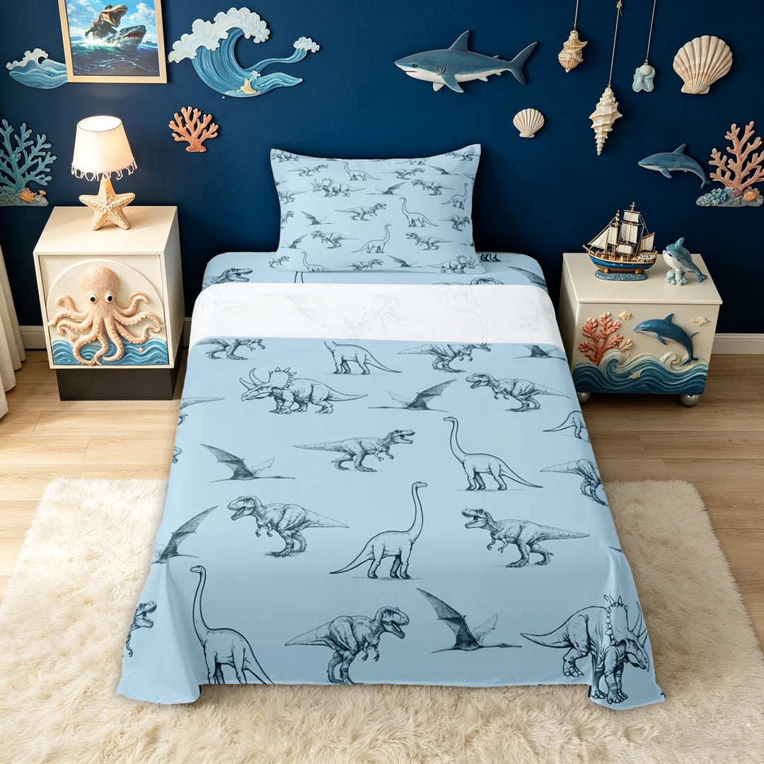 meiyoeat Blue Dinosaur Wildlife Bed Sheets for Boys Girls, Simple Line Animal Full Size Sheets, Blue, 4-Piece, 1 Flat Sheet, 1 Fitted Sheet and 2 Pillowcases
