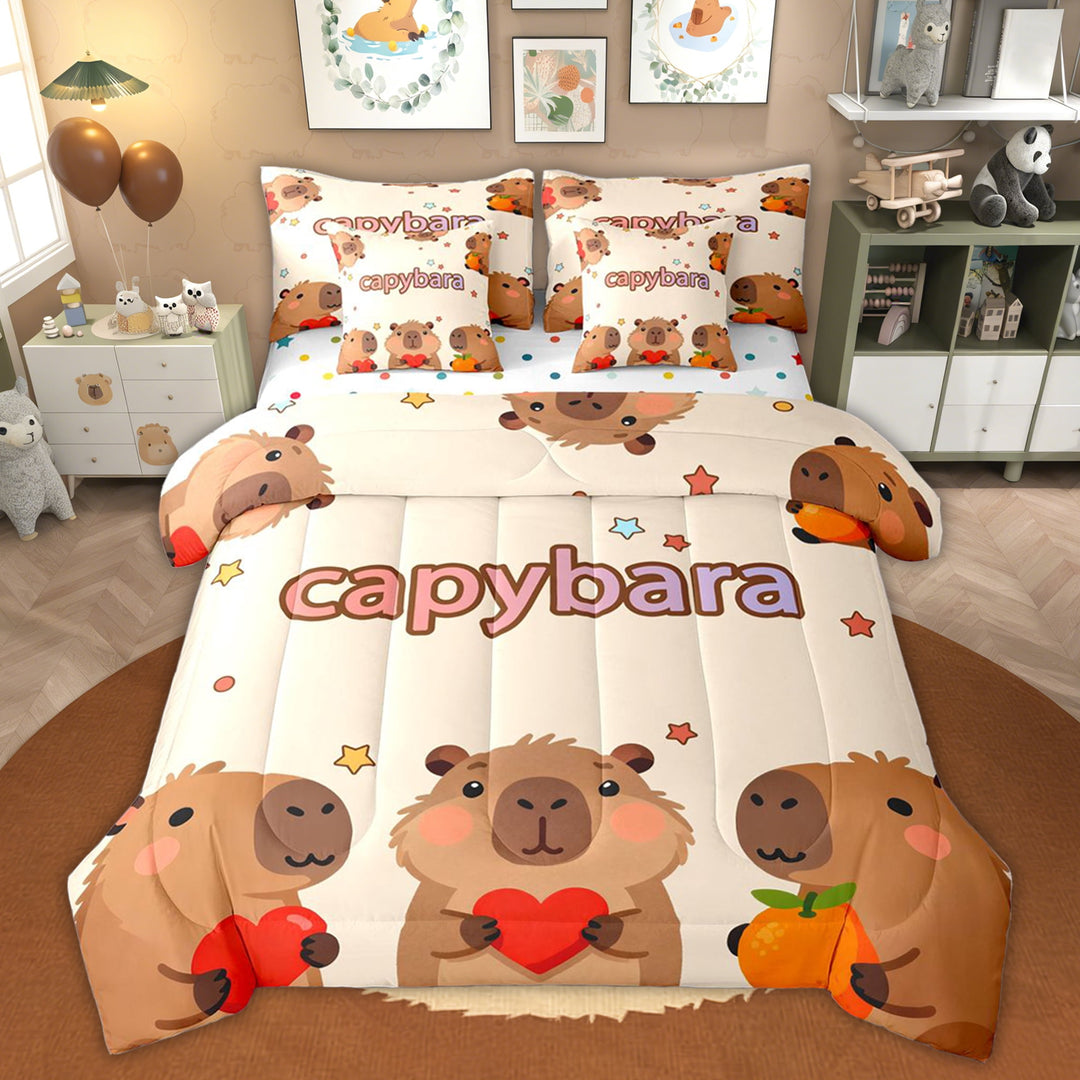 Erosebridal Kawaii Capybara Twin Bedding Sets for Kid, Cartoon Animal Lover Bedding Comforter Set, 7-Piece