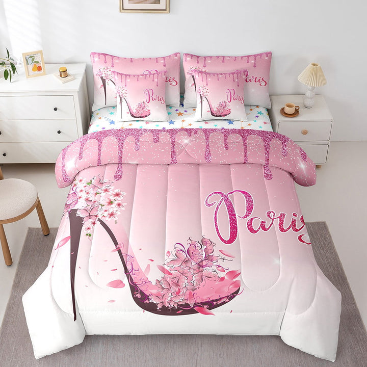 Pink Paris 7 Piece Bed In A Bag Twin Size Paris Bedroom Comforter Set With Sheets Cherry Blossom High Heels Decor Bedding Set Women Romantic Aesthetics Bed Set