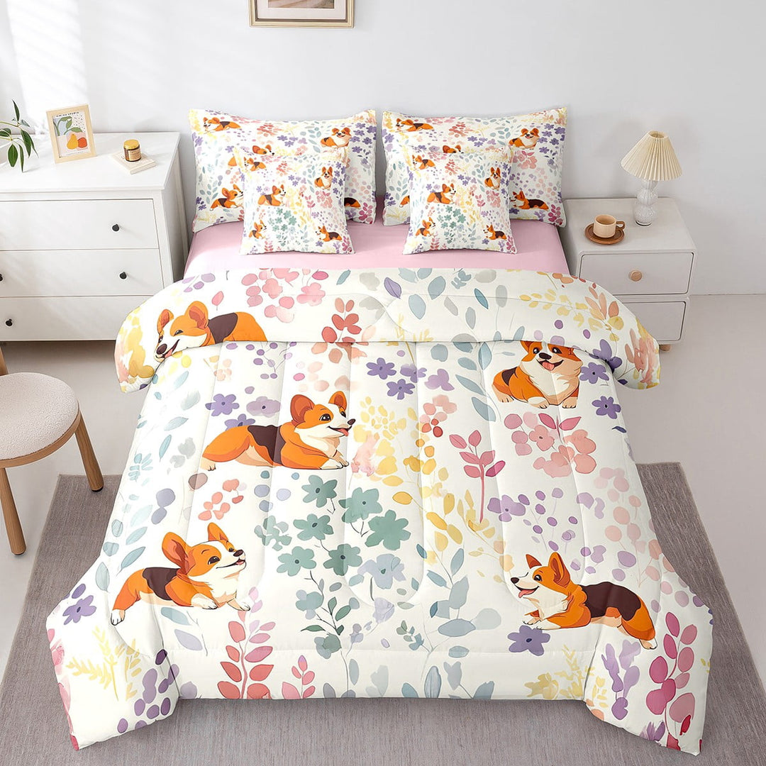 7Pcs Cute Dog Corgi Twin Comforter Set with Sheets,Watercolor Flower Animal Print Bed Set,Colorful Floral Bedding Set with Fitted Sheet,Flat Sheet,Pillowcases