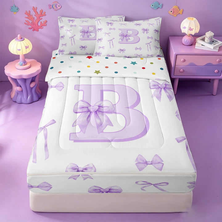 meiyoeat Coquette Bow Initial B Zipper Twin Comforter Sets with Fitted Sheet and 2 Pillowcases,Purple Watercolor Monogram Art Zipper Bedding Set For Girl,Reversible,4-Piece
