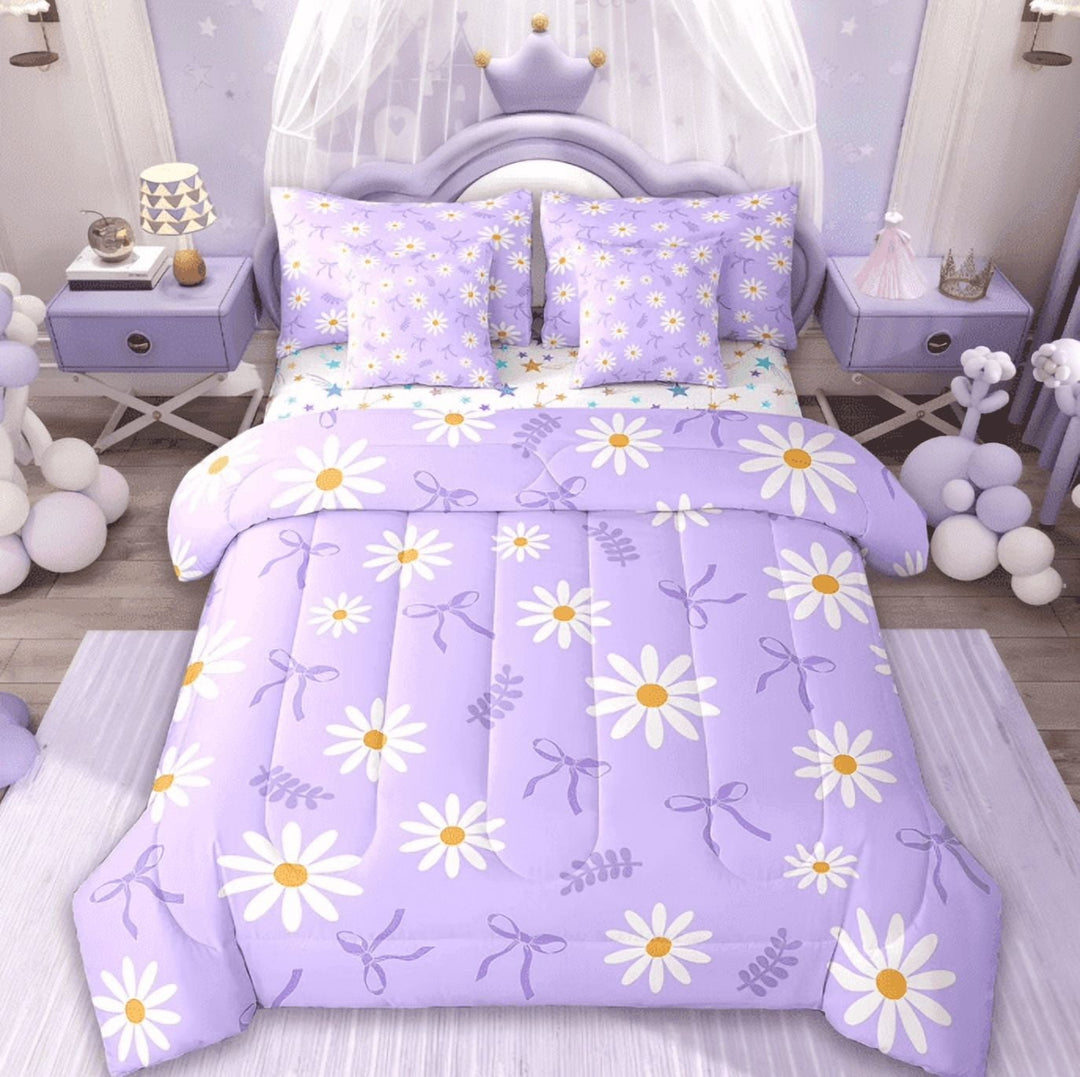 Erosebridal Cute Cartoon Floral Bed in a Bag Queen Size,Purple Coquette Bowknot Bed Set,Plant Leaf Bedding Queen Size For Girls,Colorful Stars Reversible,7 Pieces