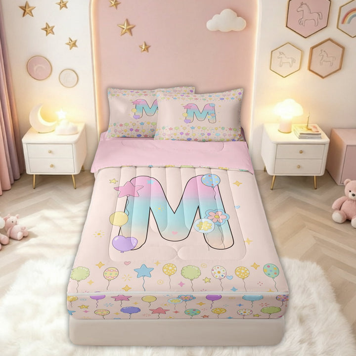 meiyoeat Pastel Balloon Letter M Zipper Comforter Set with Fitted Sheet and 2 Pillowcases for Boys Girls, Cute Monogram Zipper Bedding Set, Pink Reversible, 3-Piece