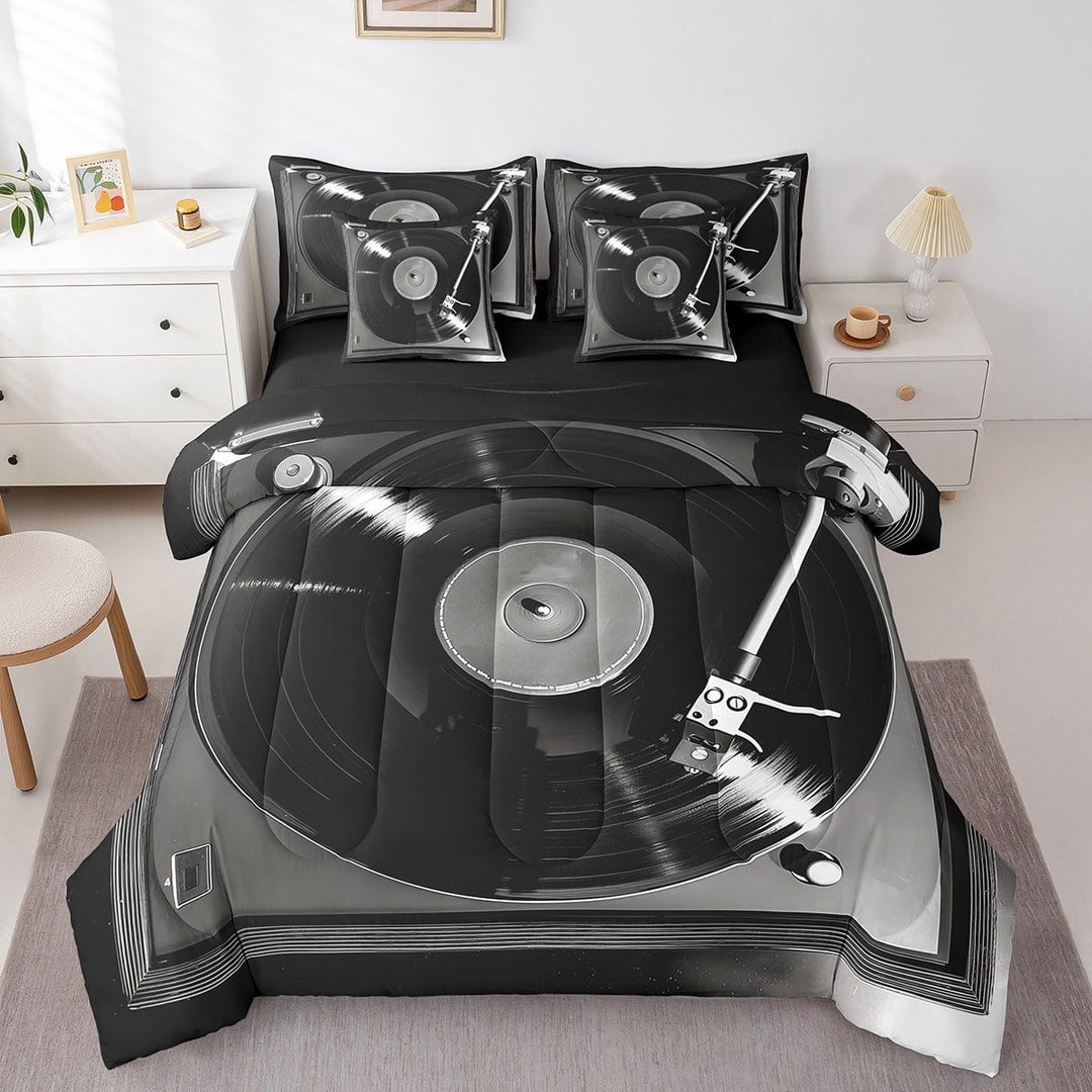 Erosebridal Vintage Vinyl Bed in a Bag Twin Size, Black Grey Phonograph Bed Set, Retro Phonograph Room Decorative, Reversible 7 Pieces