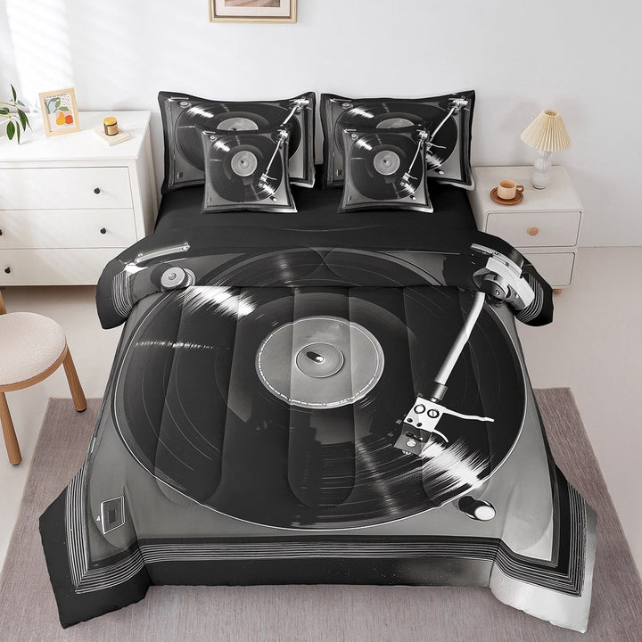 Erosebridal Vintage Vinyl Bed in a Bag Twin Size, Black Grey Phonograph Bed Set, Retro Phonograph Room Decorative, Reversible 7 Pieces